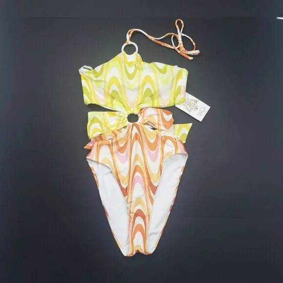 Becca Whirlpool Margot High Neck Halter One Piece Size Small Citrus Retro Print - Picture 16 of 16